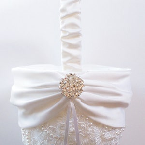 Wedding Ring Pillow and Basket with Beaded Alencon Lace, White Satin Sash Cinched by Crystals The MIRANDA LYNN image 2