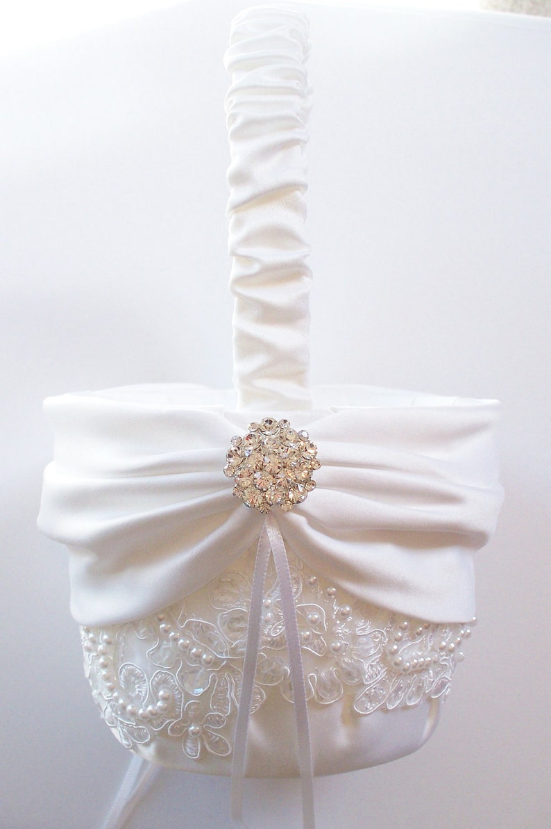 Wedding Ring Pillow and Basket with Beaded Alencon Lace, White Satin Sash Cinched by Crystals The MIRANDA LYNN image 2