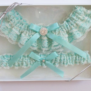 Lace Garter, Wedding Garter, Aqua Blue Wedding Garter, INCLUDING Lace Toss Garter with Rhinestone Center The ANITA Garter image 5