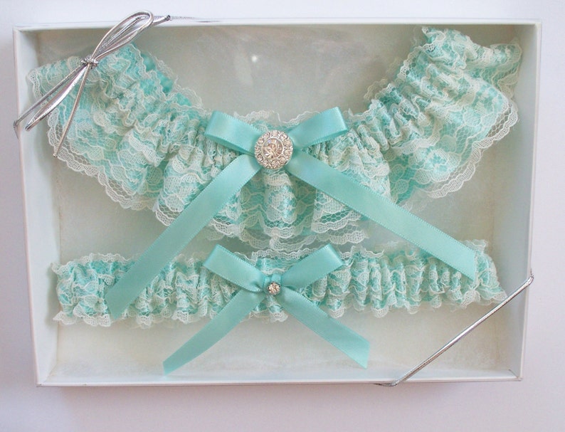 Lace Garter, Wedding Garter, Aqua Blue Wedding Garter, INCLUDING Lace Toss Garter with Rhinestone Center The ANITA Garter image 5