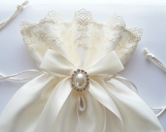 Bridal Dance Bag with Lace Trim, Satin Bow and Pearl Surrounded by Crystal - The ALI