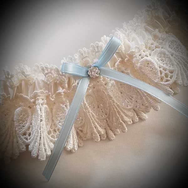 Wedding Garter, Ivory Garter with Light Blue Ribbon Bow and Margarita Crystal Center, Now Also Available in White - The Petite ALICIA Garter