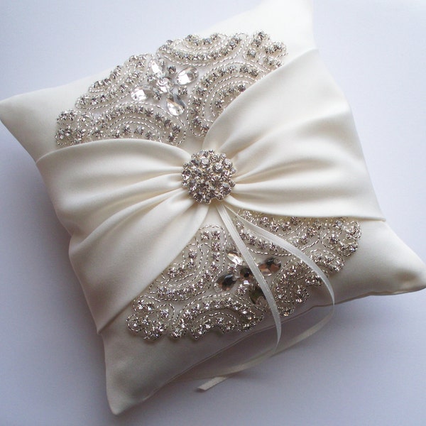 Wedding Ring Pillow, Wedding Cushion with Rhinestone Detail, Ring Bearer Pillow, Ivory Satin Sash Cinched by Crystals - The ROSALINA Pillow
