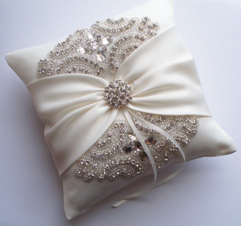 Wedding Ring Pillow, Wedding Cushion with Rhinestone Detail, Ring Bearer Pillow, Ivory Satin Sash Cinched by Crystals The ROSALINA Pillow image 1
