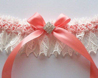 Wedding Garter and Lace Toss Ivory Lace Over Coral Satin with Rhinestone Centered Bow - The KIMBERLY Garter