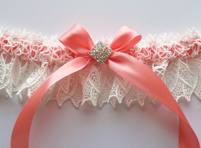 Wedding Garter and Lace Toss Ivory Lace Over Coral Satin with Rhinestone Centered Bow The KIMBERLY Garter image 1