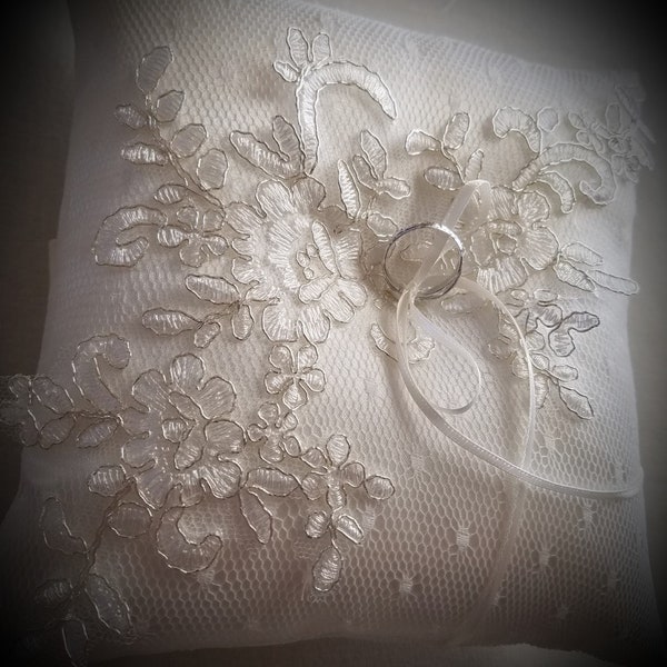 Wedding Ring Pillow, Wedding Cushion with Silver Edged Alencon Lace Detail over Dotted Net, Ring Bearer Pillow