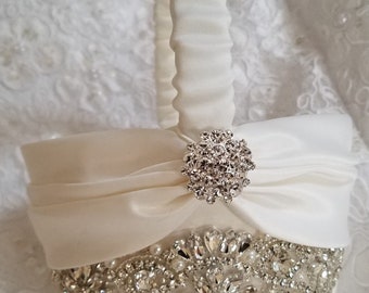 Flower Girl Basket with Satin Sash, Pearl and Rhinestone Detail - The ADDISON Basket