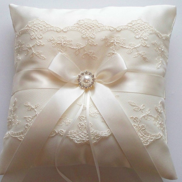 Ringbearer Pillow, Wedding Cushion, Wedding Ring Pillow with Net Lace, Ivory Satin Bow and Pearl Surrounded by Crystals  - The NICOLE Pillow