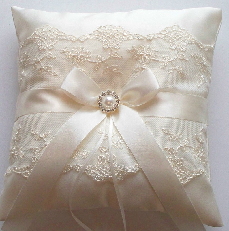 Ringbearer Pillow, Wedding Cushion, Wedding Ring Pillow with Net Lace, Ivory Satin Bow and Pearl Surrounded by Crystals The NICOLE Pillow image 1