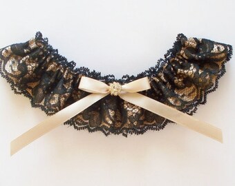 Black Lace Garter with Champagne Bow Topped by Rhinestone Detail - The CARMEN Garter