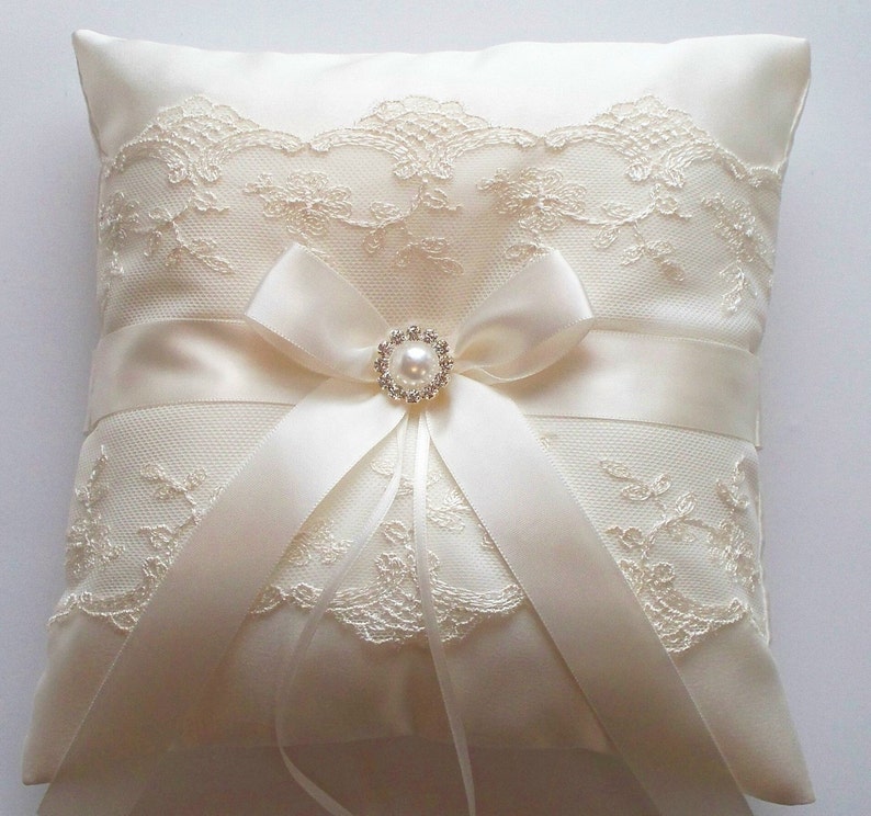 Ringbearer Pillow, Wedding Cushion, Wedding Ring Pillow with Net Lace, Ivory Satin Bow and Pearl Surrounded by Crystals The NICOLE Pillow image 2
