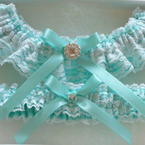 Lace Garter, Wedding Garter, Aqua Blue Wedding Garter, INCLUDING Lace Toss Garter with Rhinestone Center The ANITA Garter image 3