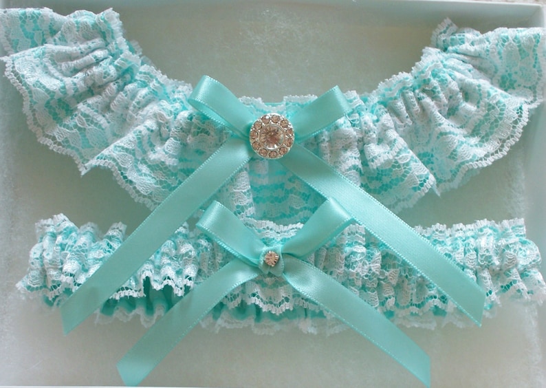 Lace Garter, Wedding Garter, Aqua Blue Wedding Garter, INCLUDING Lace Toss Garter with Rhinestone Center The ANITA Garter image 3