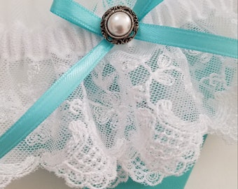 White Net Lace Garter with Aqua Ribbon Bow and Vintage Look Pearl Centering