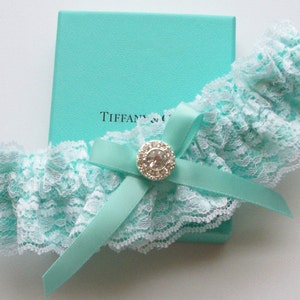 Lace Garter, Wedding Garter, Aqua Blue Wedding Garter, INCLUDING Lace Toss Garter with Rhinestone Center The ANITA Garter image 1