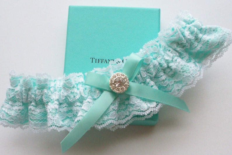 Lace Garter, Wedding Garter, Aqua Blue Wedding Garter, INCLUDING Lace Toss Garter with Rhinestone Center The ANITA Garter image 1