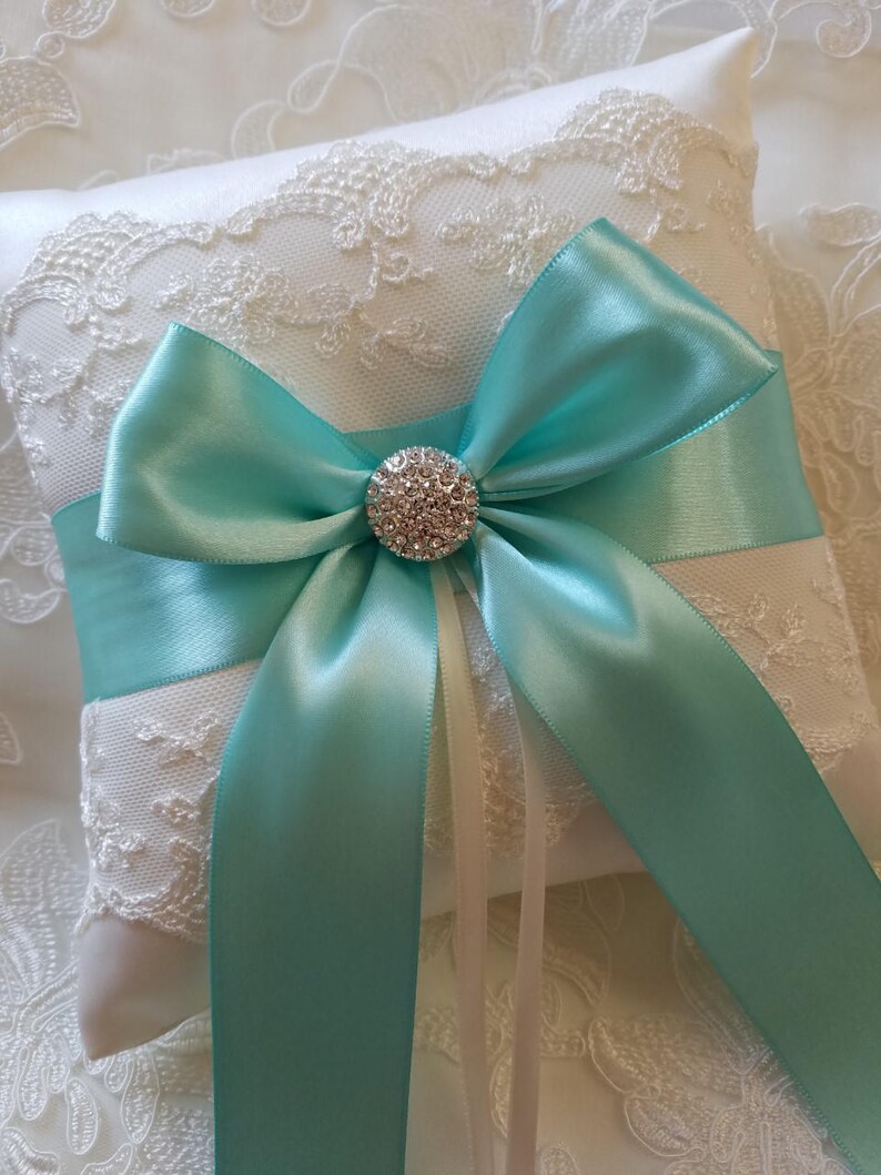 Wedding Ring Pillow Aqua Blue Ribbon Pillow With Ivory Net Etsy