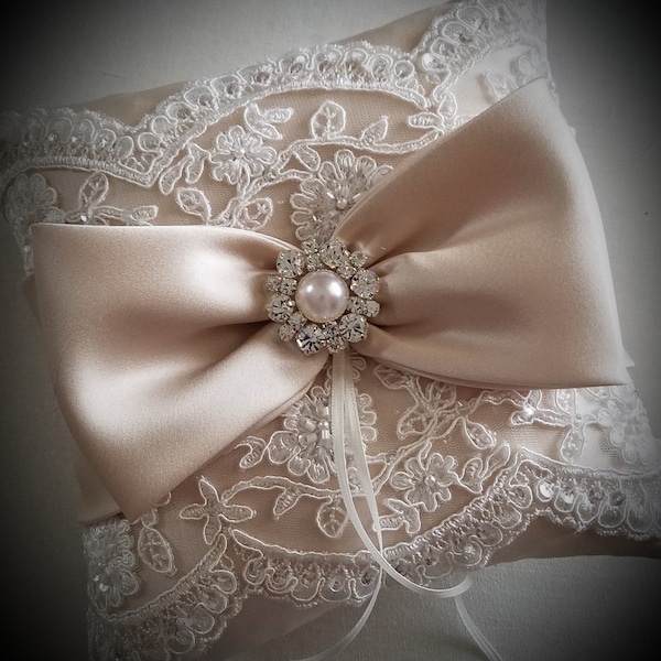 Wedding Ring Pillow in Champagne Satin with Beaded Ivory Alencon Lace, Satin Bow/Rhinestone Center - The MELINDA Pillow