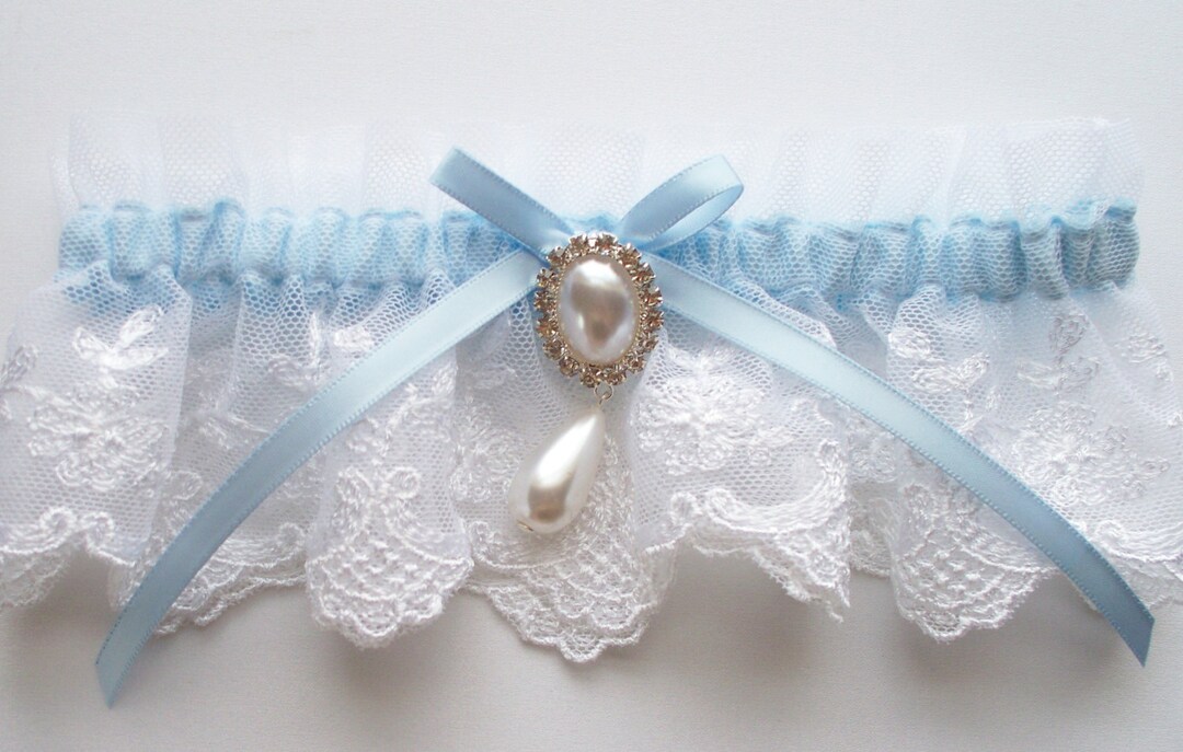 Wedding Garter in White Lace With Satin Ribbon Bow Topped by a Pearl ...