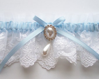 Wedding Garter in White Lace with Satin Ribbon Bow Topped by a Pearl and Crystal Detail  - The MEREDITH Garter