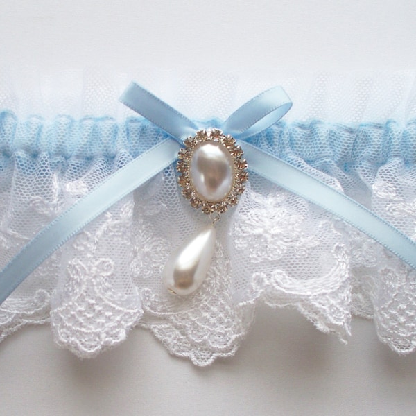 Wedding Garter in White Lace with Satin Ribbon Bow Topped by a Pearl and Crystal Detail  - The MEREDITH Garter