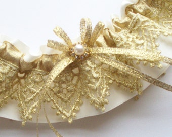 Gold Wedding Garter of Gold Lace, Ribbon, and Rhinestone/Pearl Center AND SATIN Band TOSS
