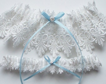 Wedding Garter Set with Blue Satin Ribbon Bow and Swarovski Crystal Centering - The ALICIA Garter Set