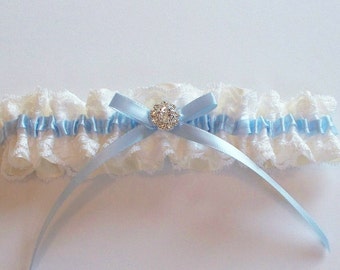 Wedding Garter with White Raschel Lace and Ivory Ribbon, and Blue Ribbon Detail - The TRICIA Garter