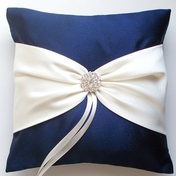 Wedding Ring Pillow in Navy with Ivory Sash Cinched with Rhinestone Button  - The ANISLEY Pillow