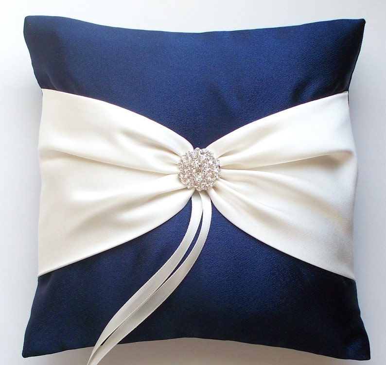 Wedding Ring Pillow in Navy with Ivory Sash Cinched with Rhinestone Button The ANISLEY Pillow image 1