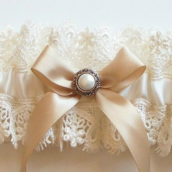 Lace Garter, Wedding Garter with Vintage Inspired Pearl on Champagne Bow - The AMY Garter