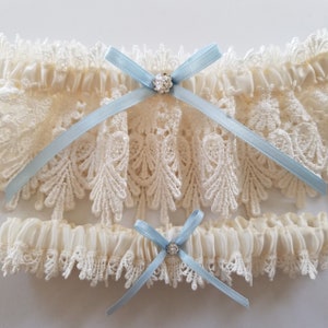 Lace Garter, Wedding Garter Set with Blue Satin Ribbon Bow and Swarovski Crystal Centering The ALICIA Garter Set image 4