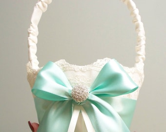 Wedding Basket with Lace, Flower Girl Basket, Aqua Blue Satin Bow and Rhinestone - The ISABEL Basket