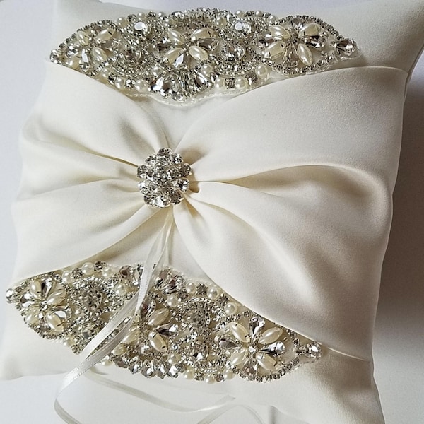 Wedding Ring Pillow, Wedding Cushion with Rhinestone and Pearl Detail, Ring Bearer Pillow, Rhinestone Pillow - The Princess Pillow