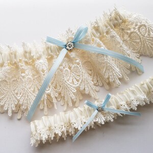 Lace Garter, Wedding Garter Set with Blue Satin Ribbon Bow and Swarovski Crystal Centering The ALICIA Garter Set image 2