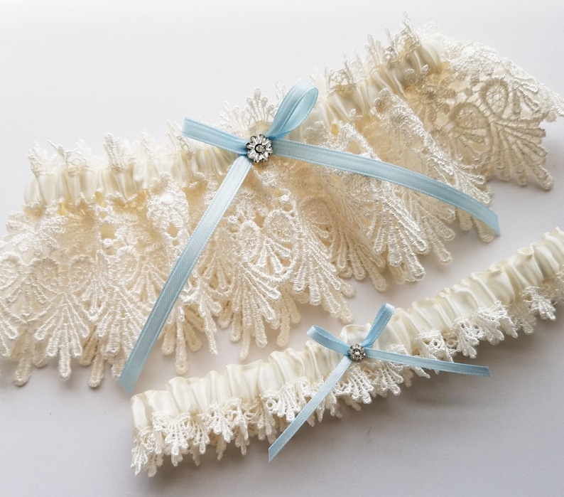 Lace Garter, Wedding Garter Set with Blue Satin Ribbon Bow and Swarovski Crystal Centering The ALICIA Garter Set image 2