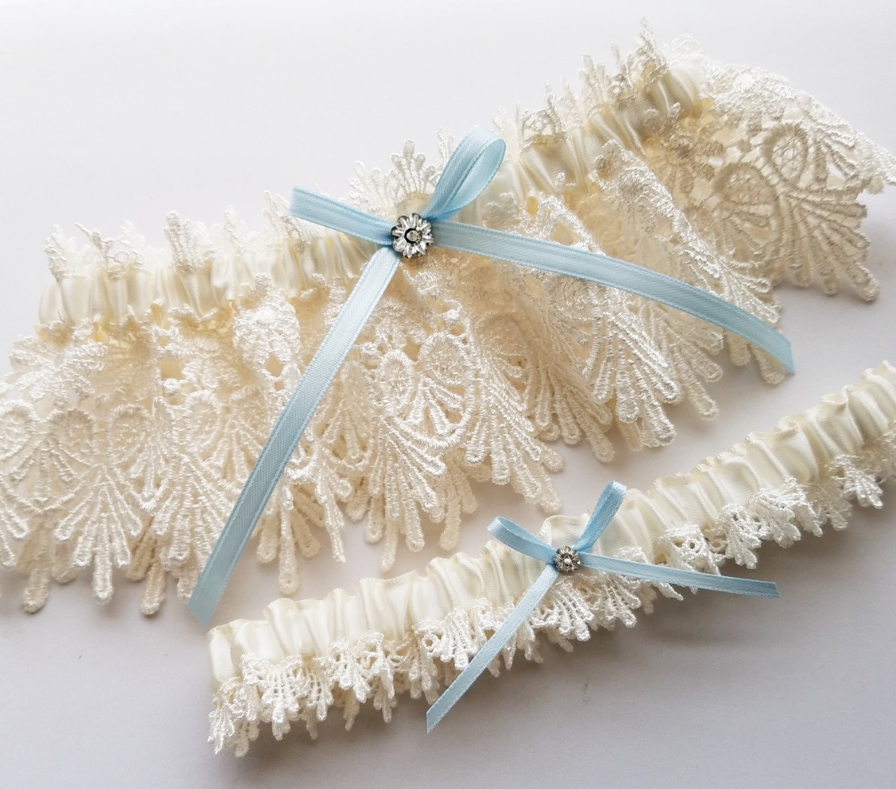 Lace Garter Wedding Garter Set With Blue Satin Ribbon Bow and Etsy