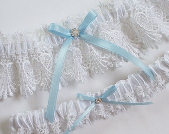 White Lace Garter Set with Light Blue Ribbon Bow and Crystal Finding