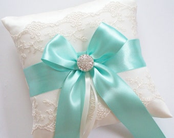 Wedding Ring Pillow, Aqua Blue Ribbon Pillow, with Ivory Net Lace, Rhinestone Centered Satin Bow