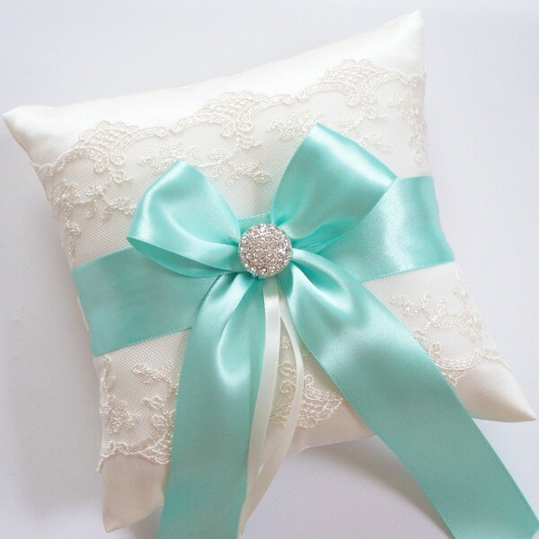 Wedding Ring Pillow, Aqua Blue Ribbon Pillow, with Ivory Net Lace, Rhinestone Centered Satin Bow