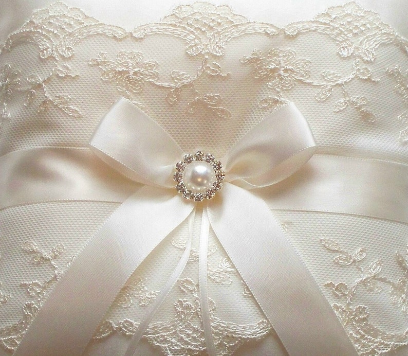 Ringbearer Pillow, Wedding Cushion, Wedding Ring Pillow with Net Lace, Ivory Satin Bow and Pearl Surrounded by Crystals The NICOLE Pillow image 3
