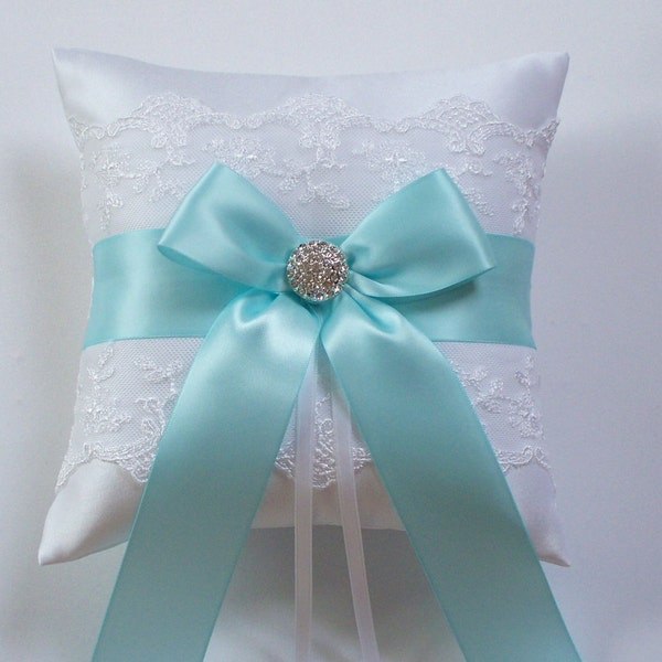 Wedding Ring Pillow, Robin Egg Blue Ribbon Pillow, with Net Lace, Rhinestone Centered Satin Bow - The ROBYN Pillow