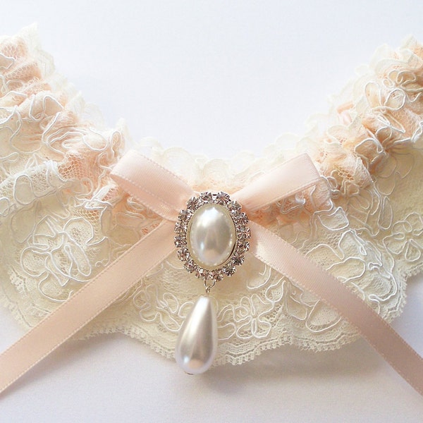 Wedding Garter in Ivory Alencon Lace and Pearl/Crystal Detail, INCLUDES satin band toss garter - The MADELINE Garter
