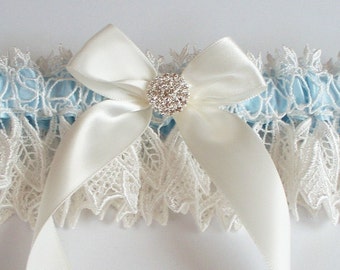 Ivory Bridal Garter and TOSS GARTER with Something Blue Satin Band, Ivory Bow and Rhinestone Centering - The KIMBERLY Garter