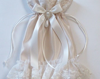 Champagne Money Bag, Bridal Dance Bag with Net Lace Skirt and Trim, Satin Bow with Pearl and Rhinestone Crystal - The SUZANNE