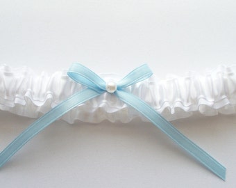 White Wedding Toss Garter in Satin, Blue Bow, Pearl