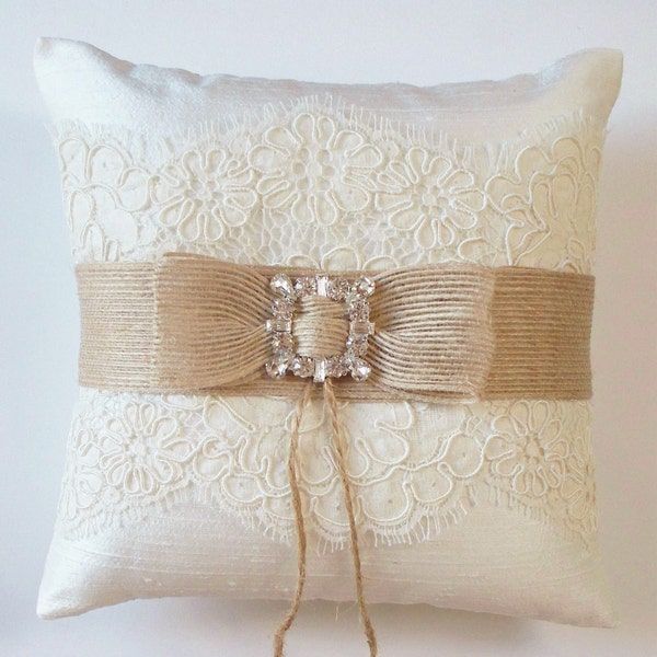 Wedding Ring Pillow in Silk with Alencon Lace, Burlap Ribbon and Rhinestone Detail - The MEGAN Pillow