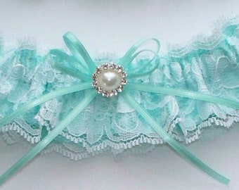 White Lace and Aqua Garter, Wedding Garter, Aqua Garter, Ivory Lace Garter - The JENNIFER Garter