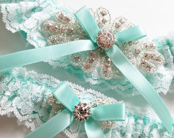 Lace Garter, Wedding Garter, Aqua Blue Wedding Garter, INCLUDING Lace Toss Garter with Rhinestone Center - The Bling ANITA Garter